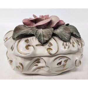 Vintage 1940s Cordey Porcelain White Gold 3D Rose Lidded Trinket Box Victorian